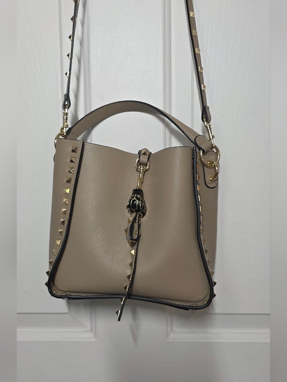 Genuine Cowhide Leather Studded Bucket Bag with Top Handle - Picture 6 of 16